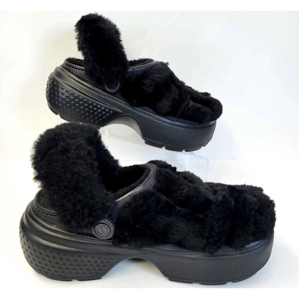 Crocs Clog Stomp Shoes Womens 8 Black Lined Platform Slip On Comfort Platform